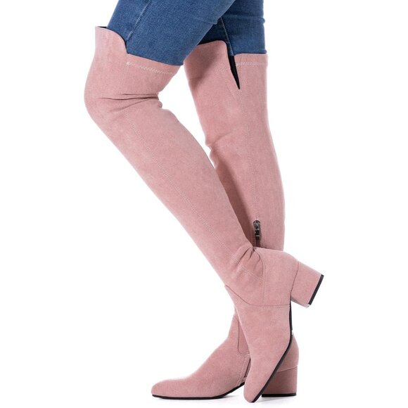 Women Pink\2inch Suede Over the Knee Thigh High Chunky Block Heel Winter Boots - Picture 4 of 6
